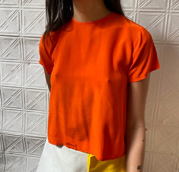 90s orange silk crop top / 1990s silk tee / short… - image 4