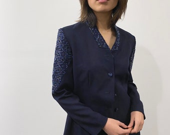 vintage beaded blazer / navy blue formal wear womens jacket