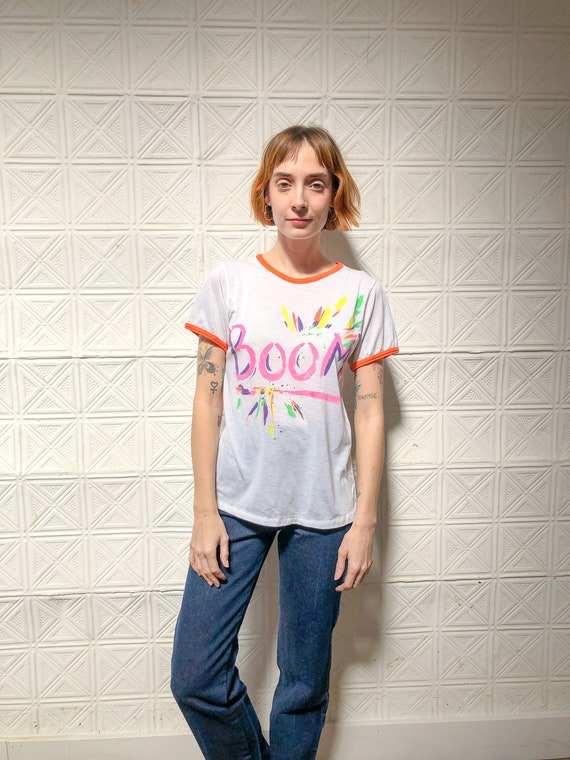 vintage 80s paper thin graphic tee / 1980s neon p… - image 1