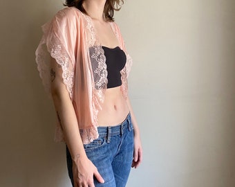 vintage lingerie pale pink lace top / 1980s blush pink housecoat / 80s pastel pink lingerie