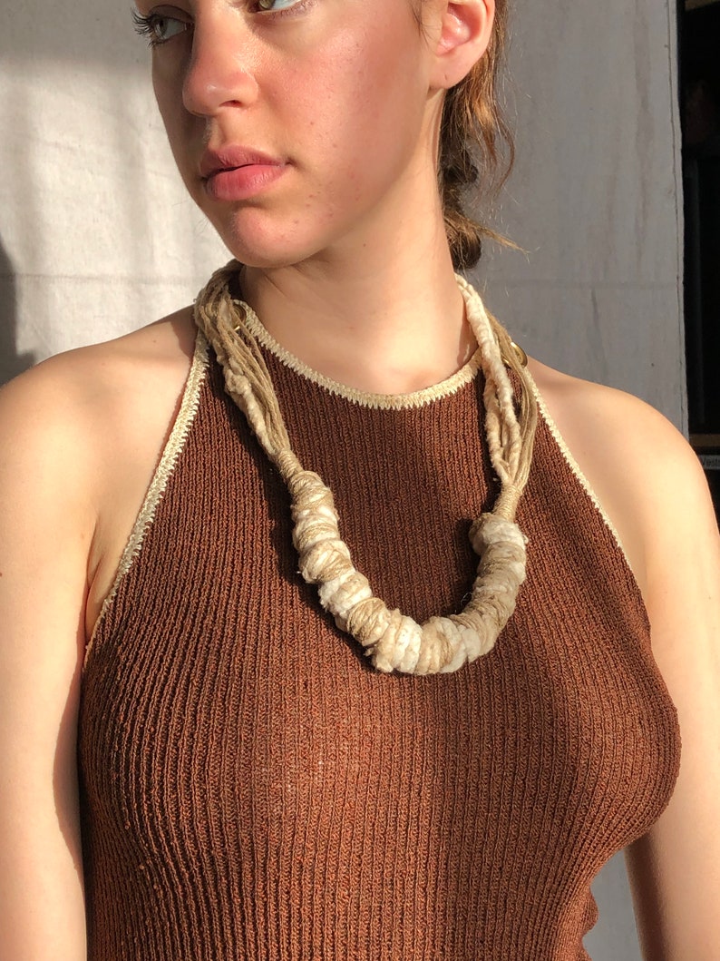 vintage natural fiber wrapped necklace / neutral minimal beachy fabric necklace image 4