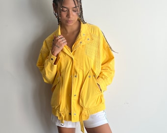 veste jaune vintage des années 80 / veste de moto en coton des années 1980 avec résille