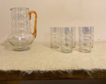 vintage iridescent glass bubble pitcher and set of 5 bubble glasses / ripple glasses