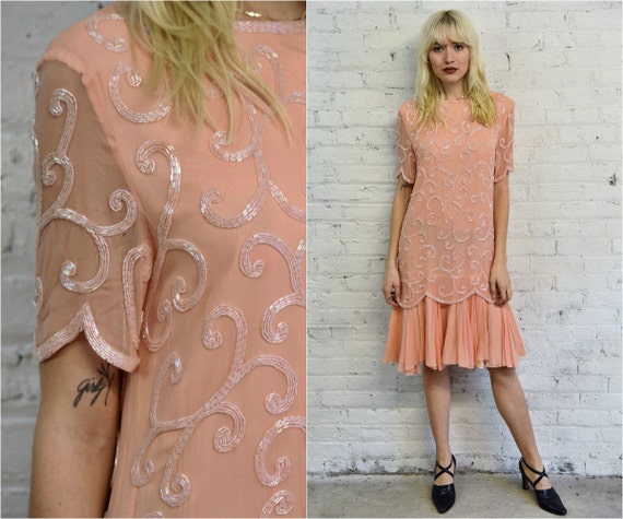 vintage blush pink silk beaded dress / pale pastel