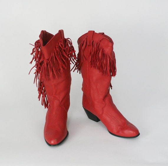 vintage red leather western boots / fringe boots /