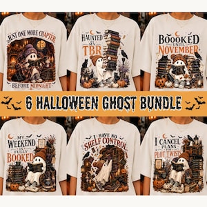 Op de afbeelding: Een bundel van zes off-white t-shirts met Halloween-geestillustraties en boekgerelateerde teksten. De ontwerpen bevatten geesten die boeken lezen, stapels boeken, pompoenen, zwarte katten en raven met teksten zoals Just One More Chapter en Booked Until November.