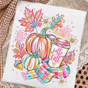 Höstpumpa PNG, färgglad höstpumpadesign, preppy höstkaffekopp sublimeringsdesign
