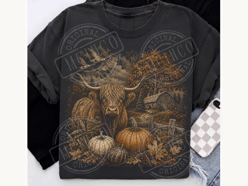 May include: A charcoal gray crewneck t-shirt featuring a graphic print of a Highland cow standing in a field with pumpkins, a wooden fence, and a barn in the background. The design includes autumn leaves and flying birds in a sepia-toned illustration.
