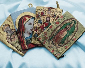 Versatile Woven Jesus Pouch|Religious Fabric Purse|Jesus And Holy Mary Woven Purse|Isa Mesih Woven Purse|Christian Themed Zipper Makeup Bag