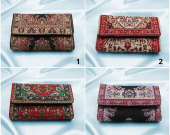 Vintage Woven Fabric Purse|Woven Kilim Pattern Clutch Bag|Rug Design Woman Travel Handbag|Elegant Women Authentic Birthday Gift Wallet
