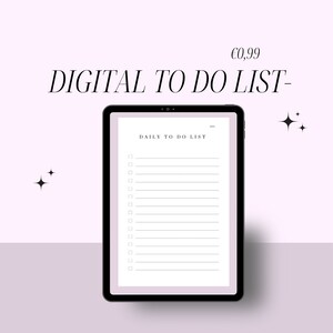Op de afbeelding: Een digitale to-dolist-sjabloon weergegeven op het scherm van een tablet. De sjabloon heeft een eenvoudig ontwerp met een zwarte rand en een witte achtergrond. De tekst "DAILY TO DO LIST" staat bovenaan de sjabloon en er zijn 15 selectievakjes met regels om taken te schrijven.