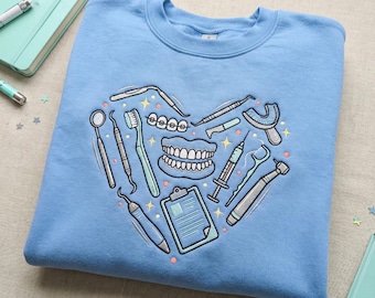 Embroidered Dental Heart Sweatshirt, Dentist Gift Crewneck, Dental Hygienist Shirt, Cute Assistant Student Tshirt