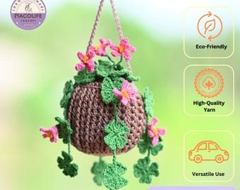 Planta de la suerte de crochet para colgar en el coche, decoración para el coche, bonita planta de crochet para el coche, cesta colgante de crochet, accesorios para el espejo retrovisor del coche, regalo de cumpleaños
