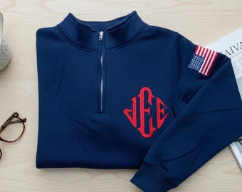 Embroidered J.E.E Inspired Quarter Zip Sweater, USA Sleeve Sweatshirt, Monogram Blue Fleece Unisex Pullover