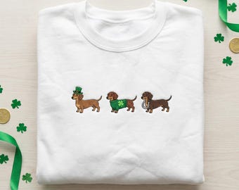 Embroidered Dachshund St Patricks Day Sweatshirt, Lucky Doxie Hoodie, Weiner Dog Shamrocks Shirt, Irish Puppy Gift, Cute Dog Lover Crewneck