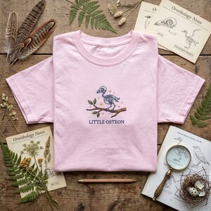May include: A light pink short-sleeve t-shirt featuring an embroidered graphic of a bird skeleton perched on a brown branch with green leaves and yellow stars. The text "LITTLE OSTEON" is embroidered in dark blue lettering below the bird graphic.