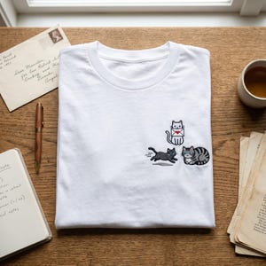 Cat Post Office Embroidered T Shirt, Tabby and Black Cat Tee, Kitty Mailman Shirt, Cute Animal Pocket Style Embroidery, Cat Lover Apparel