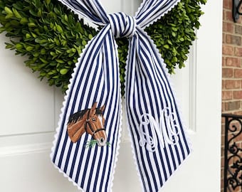Embroidered Horse Wreath Sash, Personalized Monogram Ribbon Bow, Equestrian Front Door Decor, Farmhouse Horse Lover Gift, Custom Sash