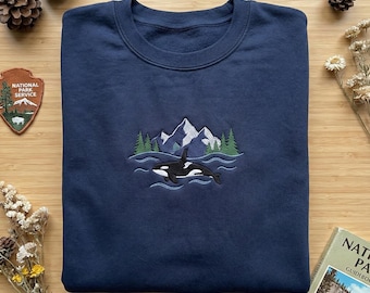 Navy Embroidered Orca Sweatshirt, Simple Killer Whale Mountain Nature Design, Marine Life Lover Hoodie Jumper