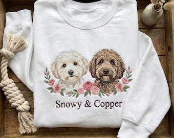 Custom Dog Portrait Embroidered Sweatshirt, Labradoodle Doodle Mom Gift, Personalized Pet Memorial Hoodie, Floral Dog Crewneck