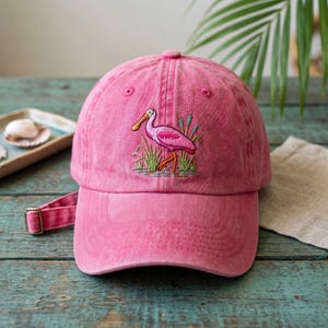 Roseate Spoonbill Hat, Embroidered Wash Dad Cap, Pink Bird Lover Gift, Wading Birds Cap, Cute Animal Headwear, Nature Lover Gift