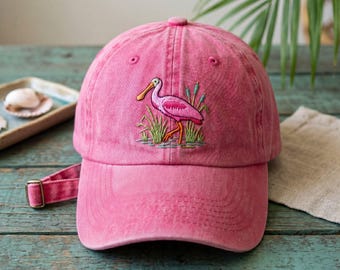 Roseate Spoonbill Hat, Embroidered Wash Dad Cap, Pink Bird Lover Gift, Wading Birds Cap, Cute Animal Headwear, Nature Lover Gift