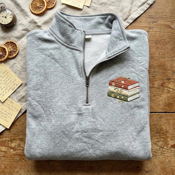 Embroidered Wildflower Book Quarter Zip, Botanical Reading Sweatshirt, Nature Bookish Gift, Cottagecore Librarian Top, Flower Stack