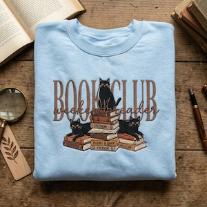 Book Club Weekend Reader Sweatshirt, Embroidered Black Cats on Books, Librarian Gift, Academic Aesthetic Crewneck, Bookish Cat Apparel