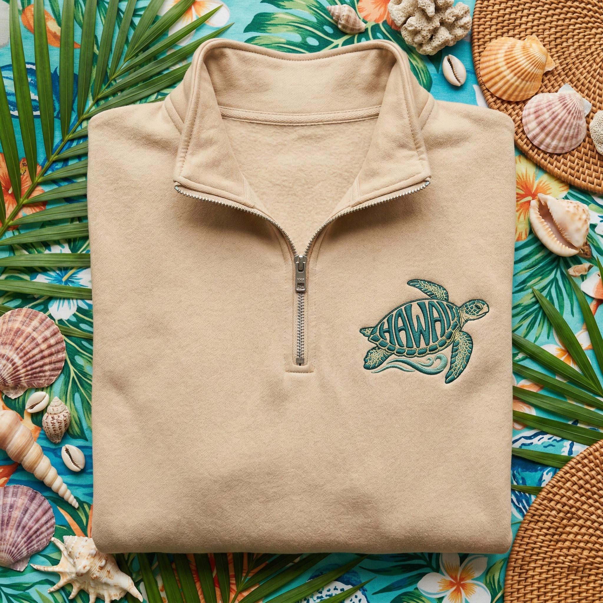 Hawaii Sea Turtle Embroidered Quarter Zip, Honu Tropical Pullover