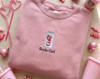 Embroidered Soda Girl Sweatshirt, Cute Can Hoodie, Funny Drink Crewneck, Coquette Aesthetic Shirt, Pop Lover Gift, Girly Pink Top