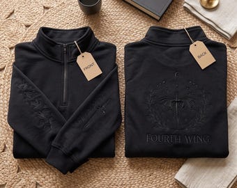 Basgiath War College Quarter Zip Sweatshirt, Fourth Wing Inspired Embroidery, Dragon Rider Reader Gift, Cozy Fantasy Apparel