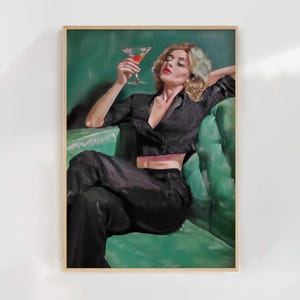 Elegant Woman with Cocktail Art | Martini Oil Painting Download | Modern Bar Decor | Emerald Green Print | Kitchen Wall Poster Gift