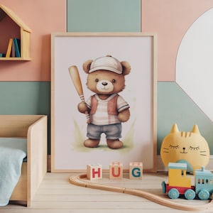 Teddy Bear Baseball Nursery Decor Wall Art | Baby Boy Room Decor | Vintage Watercolor Sports Animals | Kids Room | Digital Download