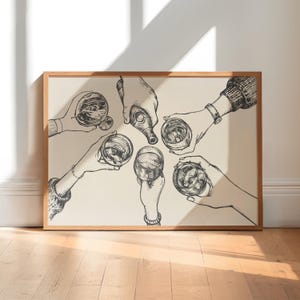 Afdrukbare cheers-poster | Muurkunst barwagen toast | Potloodschets drankje print | Modern keukendecor | Moderne woonkunst | Direct downloaden