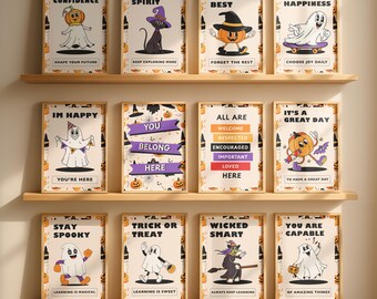 Classroom Posters Halloween Decor Bundle 12 Retro Affirmation Prints Vintage Teacher Wall Art Kids Holiday Playroom Prints Digital Download