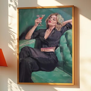 マティーニを持つ女性 ビクトリア朝の油絵 | エメラルドグリーンのカクテルアートプリント | バーカート＆キッチンの壁飾り | モダンなバープリントのマティーニギフト