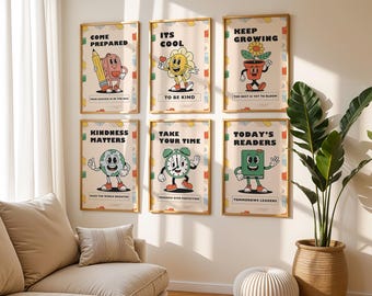 Classroom Posters Set of 6 Retro Affirmation Playroom Decor Positive Reading Posters Gifts For Teachers Classroom Decor Bundle Elementary