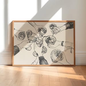Poster barwagen gejuich | Handgetekende toast kunst aan de muur | Potloodschets drankje print | Rammelende glazen keukendecoratie | Digitaal feestkunstwerk