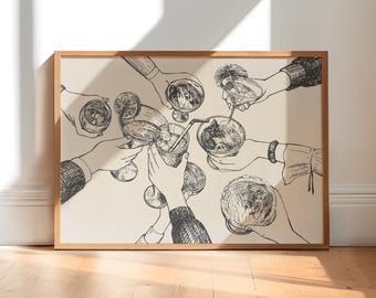 Puede incluir: Boceto en blanco y negro de manos sosteniendo cócteles en vasos. La obra de arte está enmarcada en un marco de madera marrón claro, ideal para una cocina o un comedor. Una obra de arte con el tema de las bebidas.