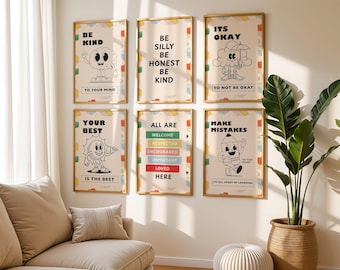 Elementary Classroom Posters Printable Set Positive Retro Teacher Classroom Decor Kids Playroom Prints Printable Affirmation Day Care Gift