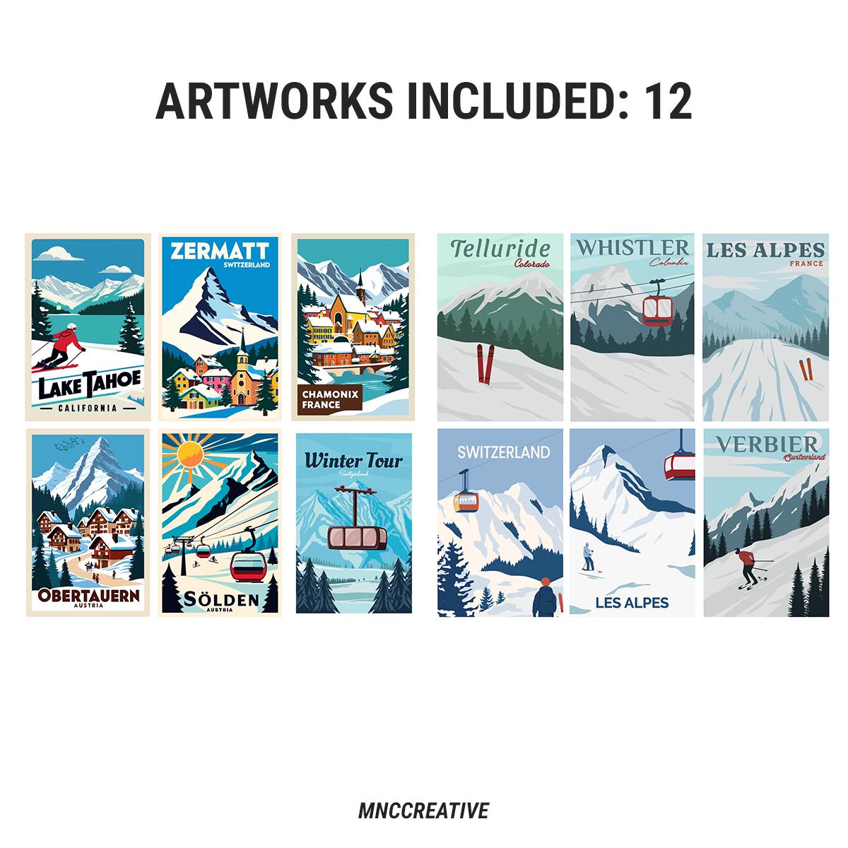 Vintage Ski Posters Bundle of 12 Retro Ski Lodge Wall Art Skiing Prints ...