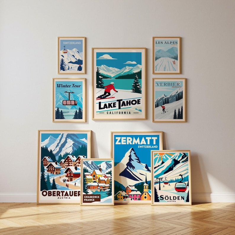 Vintage Ski Posters Bundle of 12 Retro Ski Lodge Wall Art Skiing Prints ...