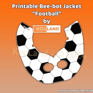 Puede incluir: Plantilla de chaqueta Bee-bot imprimible en forma de balón de fútbol. La plantilla es en blanco y negro y tiene las palabras "Glue here" y "KOULAND" impresas en ella. Guía de instrucciones incluida.