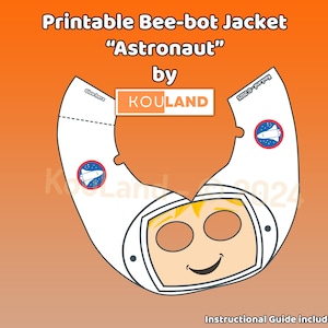 May include: Printable Bee-bot jacket template for making an astronaut costume. The template includes a white astronaut helmet with a face, two eyes, and a smile. The helmet has a small space shuttle logo on the side. The template is designed to be printed and cut out, then assembled into a jacket for a Bee-bot robot.