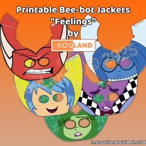 Puede incluir: Chaquetas Bee-bot imprimibles con personajes de la película Inside Out. Las chaquetas son rojas, azules, moradas, verdes y amarillas. Los personajes son Ira, Tristeza, Asco, Alegría y Miedo.  "Feelings" by KOU LAND.  Guía de instrucciones incluida.