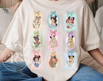 Aquarelle rétro coquette noeuds chemise princesse Disney, chemise Disney Aurora Ariel Belle Cendrillon Tiana, voyage Magic Kingdom Disneyland Girl