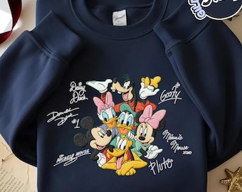 Sudadera retro bordada de Disney, cuello redondo con las firmas de Mickey y sus amigos, suéter vintage de Disney Stitch, bonita camiseta con bordado de Disney