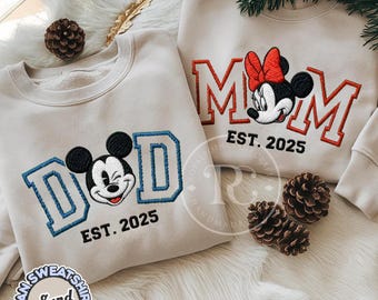 Embroidered Disney Mickey Minnie Mom Dad Shirt, Embroidered Custom Family Name Crewneck, Disney Mother's Day Shirt, Father's Day Gift Shirt