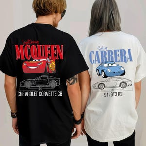 May include: Black and white t-shirt featuring Lightning McQueen from the Cars movie, with the text "Lightning McQueen" in red. Below is a schematic of a Chevrolet Corvette C6. A white t-shirt features Sally Carrera, with the text "Sally Carrera" in blue, and a schematic of a 911 GT3 RS.
