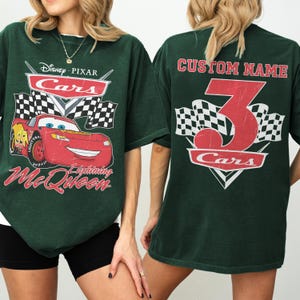Spersonalizowana dwustronna koszulka Disney Auta, koszulka Zygzak McQueen, pasująca do całej rodziny koszulka rodzinna Disney Pixar Auta, koszulka urodzinowa dla chłopca i dziewczynki Auta Blue Spruce/ Forest
